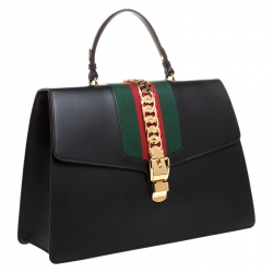 Pre Owned Gucci Black Web Chain Leather Sylvie Maxi Top Handle Bag