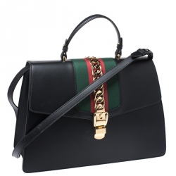 Pre Owned Gucci Black Web Chain Leather Sylvie Maxi Top Handle Bag