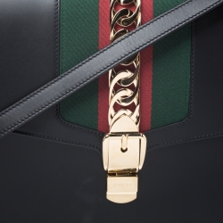 Pre Owned Gucci Black Web Chain Leather Sylvie Maxi Top Handle Bag