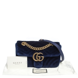 Pre Owned Gucci Blue Matelasse Velvet Mini GG Marmont Shoulder Bag