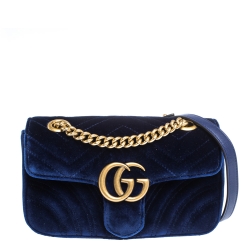 Pre Owned Gucci Blue Matelasse Velvet Mini GG Marmont Shoulder Bag
