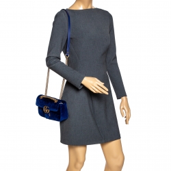 Pre Owned Gucci Blue Matelasse Velvet Mini GG Marmont Shoulder Bag