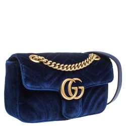 Pre Owned Gucci Blue Matelasse Velvet Mini GG Marmont Shoulder Bag