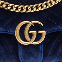 Pre Owned Gucci Blue Matelasse Velvet Mini GG Marmont Shoulder Bag