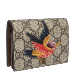 Pre Owned Gucci Beige GG Supreme Canvas Bird Embroidered Bifold Card Holder 
