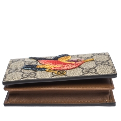 Pre Owned Gucci Beige GG Supreme Canvas Bird Embroidered Bifold Card Holder 