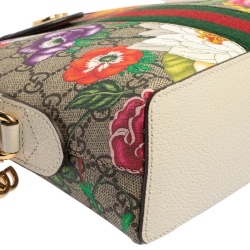Pre Owned Gucci Beige/Off White Flora GG Supreme Canvas and Leather Small Ophidia Crossbody Bag