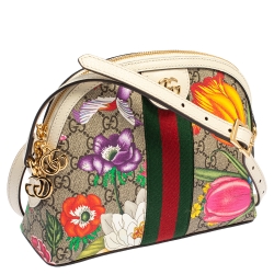 Pre Owned Gucci Beige/Off White Flora GG Supreme Canvas and Leather Small Ophidia Crossbody Bag