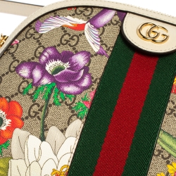 Pre Owned Gucci Beige/Off White Flora GG Supreme Canvas and Leather Small Ophidia Crossbody Bag