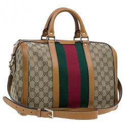 Pre Owned Gucci Original GG Brown Canvas Medium Vintage Web Boston Bag