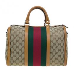 Pre Owned Gucci Original GG Brown Canvas Medium Vintage Web Boston Bag