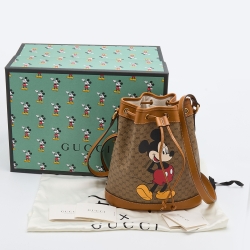 Pre Owned Gucci x Disney Beige/Brown Micro GG Canvas and Leather Small Mickey Mouse Print Bucket Bag 
