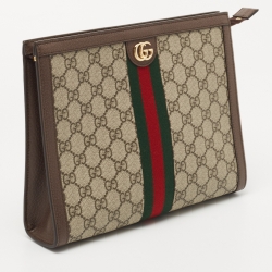 Pre Owned Gucci Beige/Brown GG Supreme Canvas and Leather Ophidia Pouch