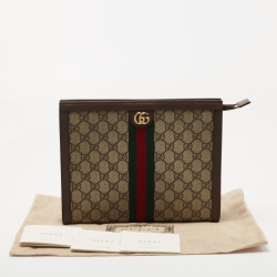 Pre Owned Gucci Beige/Brown GG Supreme Canvas and Leather Ophidia Pouch