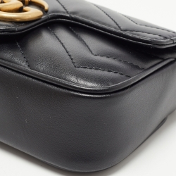 Pre Owned Gucci Black Matelassé Leather Super Mini GG Marmont Shoulder Bag