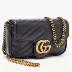 Pre Owned Gucci Black Matelassé Leather Super Mini GG Marmont Shoulder Bag
