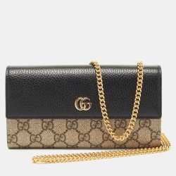 Pre Owned Gucci Black/Beige GG Supreme Canvas and Leather GG Marmont Wallet on Chain 