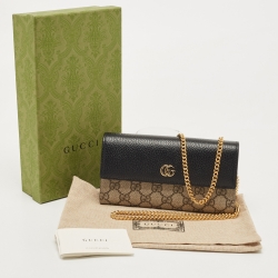 Pre Owned Gucci Black/Beige GG Supreme Canvas and Leather GG Marmont Wallet on Chain 
