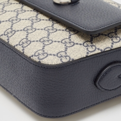 Pre Owned Gucci Navy Blue/Beige GG Supreme and Leather Horsebit 1955 Shoulder Bag