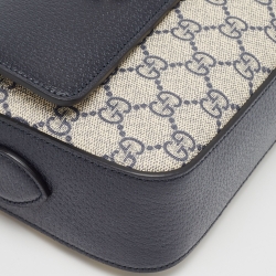 Pre Owned Gucci Navy Blue/Beige GG Supreme and Leather Horsebit 1955 Shoulder Bag