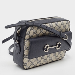 Pre Owned Gucci Navy Blue/Beige GG Supreme and Leather Horsebit 1955 Shoulder Bag