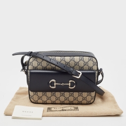 Pre Owned Gucci Navy Blue/Beige GG Supreme and Leather Horsebit 1955 Shoulder Bag