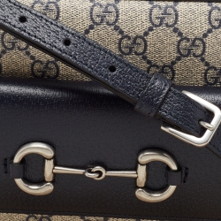 Pre Owned Gucci Navy Blue/Beige GG Supreme and Leather Horsebit 1955 Shoulder Bag