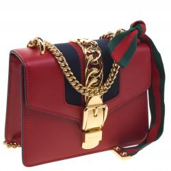 Gucci Red Leather Sylvie Web Chain Shoulder Bag