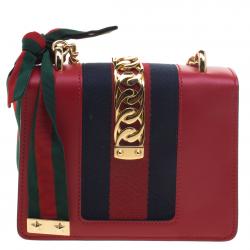 Gucci Red Leather Sylvie Web Chain Shoulder Bag