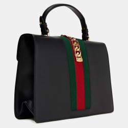 Pre Owned Gucci Black Leather Mini Web Chain Sylvie Top Handle Bag