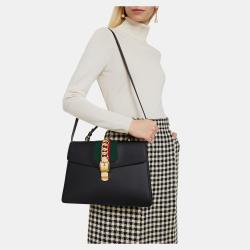 Pre Owned Gucci Black Leather Mini Web Chain Sylvie Top Handle Bag