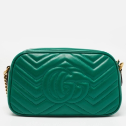 Pre Owned Gucci Green Matelassé Leather Small GG Marmont Shoulder Bag