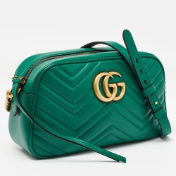 Pre Owned Gucci Green Matelassé Leather Small GG Marmont Shoulder Bag