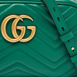 Pre Owned Gucci Green Matelassé Leather Small GG Marmont Shoulder Bag