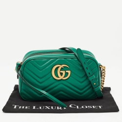 Pre Owned Gucci Green Matelassé Leather Small GG Marmont Shoulder Bag