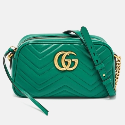 Pre Owned Gucci Green Matelassé Leather Small GG Marmont Shoulder Bag
