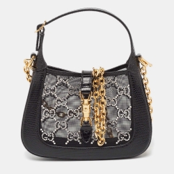 Pre Owned Gucci Black GG Crystal Mesh and Lizard Mini 1961 Jackie Hobo