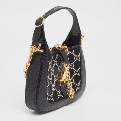 Pre Owned Gucci Black GG Crystal Mesh and Lizard Mini 1961 Jackie Hobo