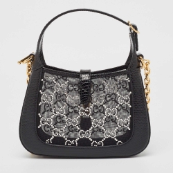 Pre Owned Gucci Black GG Crystal Mesh and Lizard Mini 1961 Jackie Hobo