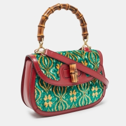 Pre Owned Gucci Garden Multicolor Velvet and Leather Bamboo 1947 Top Handle Bag