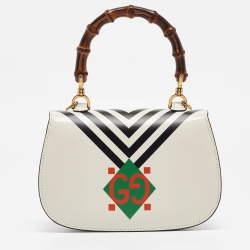 Gucci Off White Leather Small Geometric Print Bamboo 1947 Top Handle Bag