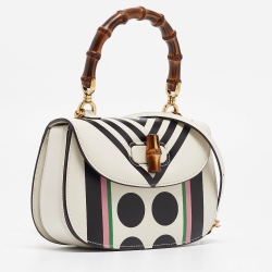 Gucci Off White Leather Small Geometric Print Bamboo 1947 Top Handle Bag