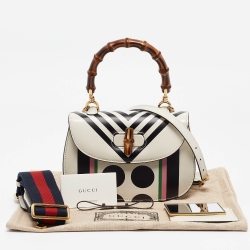 Gucci Off White Leather Small Geometric Print Bamboo 1947 Top Handle Bag