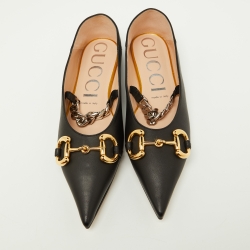 مملوكة مسبقًا Gucci Black Leather Horsebit Chain Detail Mary Jane Ballet Flats Size 39