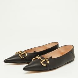 مملوكة مسبقًا Gucci Black Leather Horsebit Chain Detail Mary Jane Ballet Flats Size 39