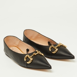 مملوكة مسبقًا Gucci Black Leather Horsebit Chain Detail Mary Jane Ballet Flats Size 39