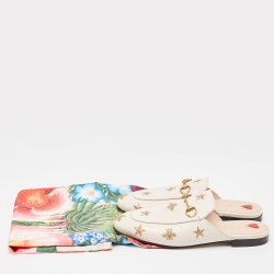 Pre Owned Gucci Off White Leather Bee and Star Embroidered Princetown Flat Mules Size 39