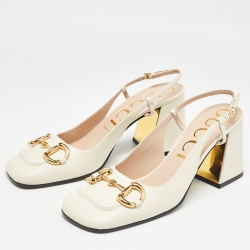 Pre Owned Gucci Cream Leather Horsebit Slingback Pumps Size 40