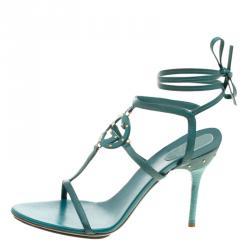 Pre Owned صندل غوتشي لفة كاحل GGمرصع جلد أخضر مقاس  39