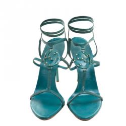 Pre Owned صندل غوتشي لفة كاحل GGمرصع جلد أخضر مقاس  39